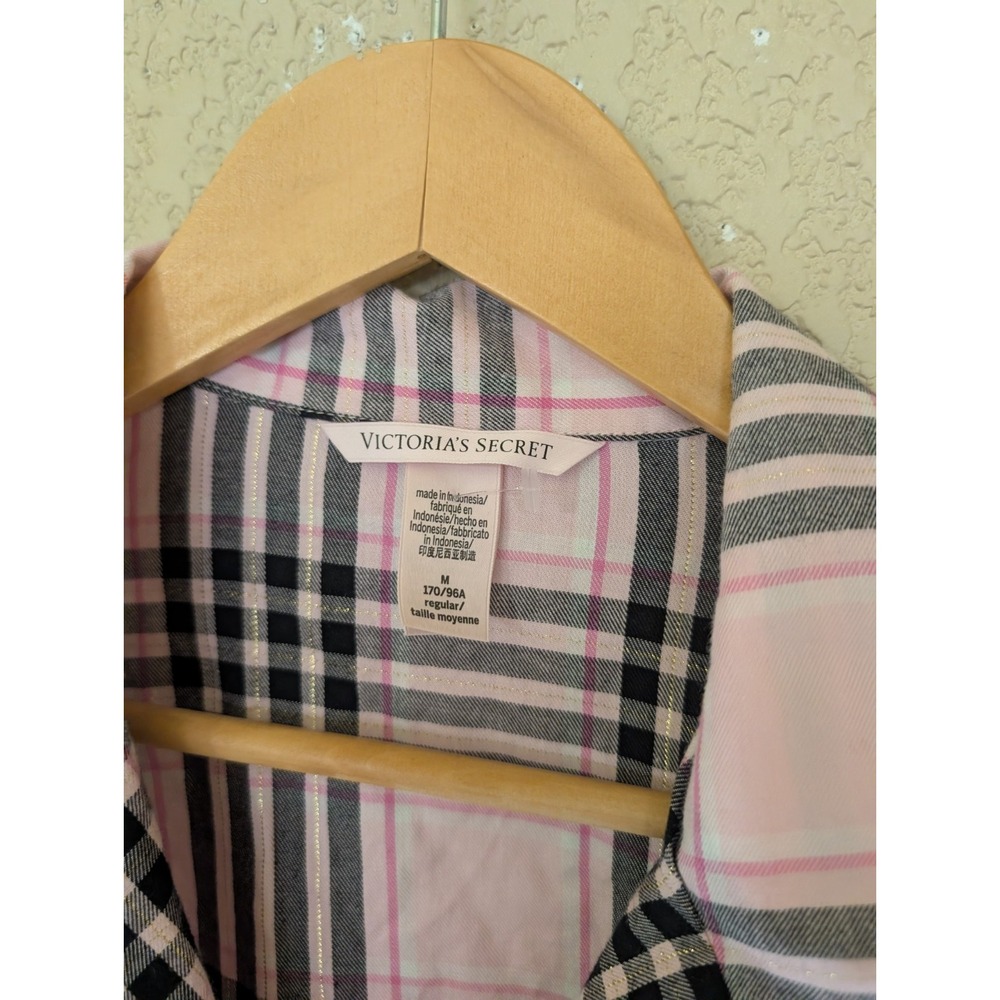Victorias Secret Pink Black Plaid Button Down Flannel Pajama Shirt Sz M Leisure - Picture 6 of 9